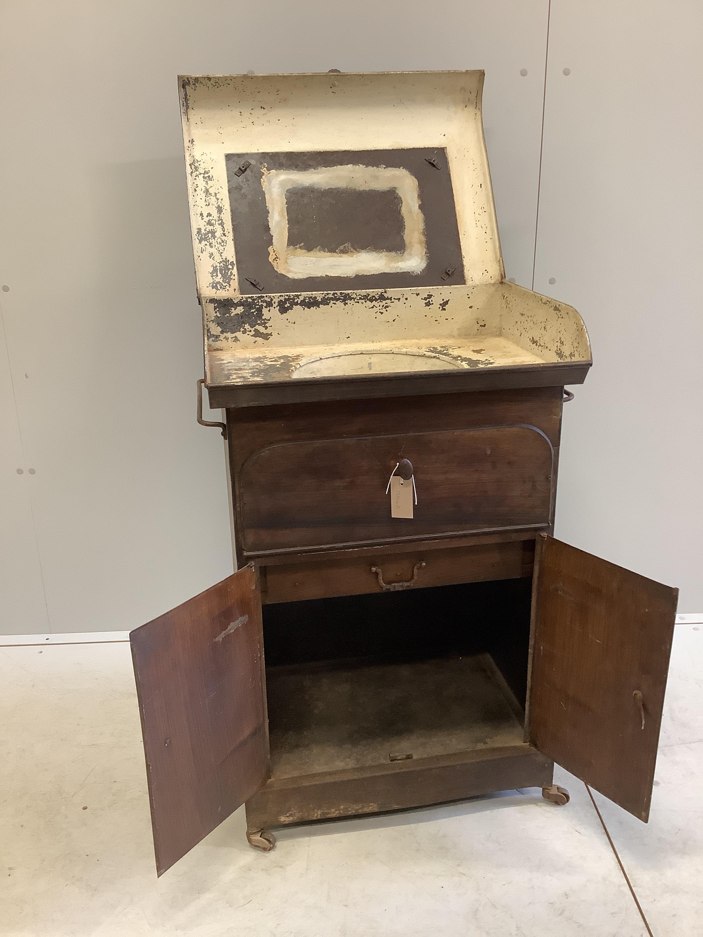 A WWI French metal campaign washstand, width 60cm, depth 43cm, height 93cm
